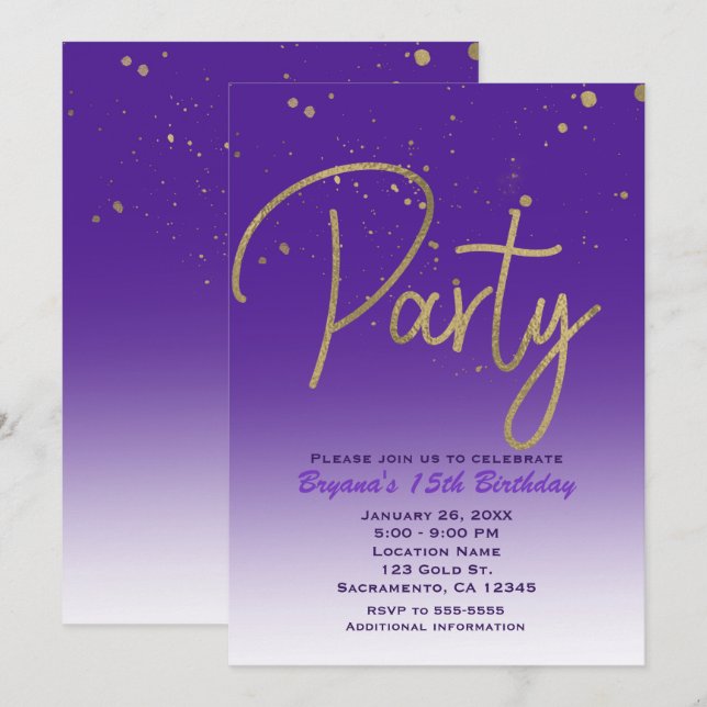 Invitation Fête d'anniversaire chic moderne violet et or Glam (Devant / Derrière)