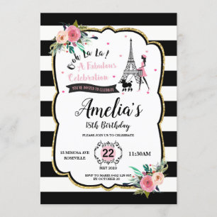 Invitation Fête d'anniversaire Chic Paris Girl and Poodle