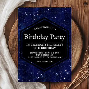 Invitation Fête d'anniversaire ciel étoilé de minuit bleu fon