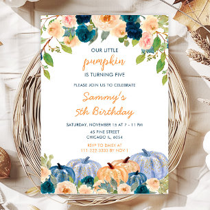 Invitation Fête d'anniversaire citrouilles pêche et bleu mari
