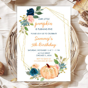 Invitation Fête d'anniversaire citrouilles pêche et bleu mari