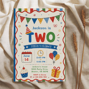 Invitation Fête d'anniversaire colorée DEUX 2 ans