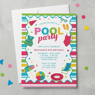 Invitation Fête d'anniversaire colorée en piscine pour enfant