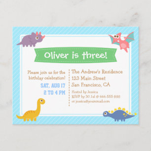 Invitation Fête d'anniversaire colorée mignonne de dinosaure