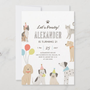 Invitation Fête d'anniversaire colorée pour chiots et chatons