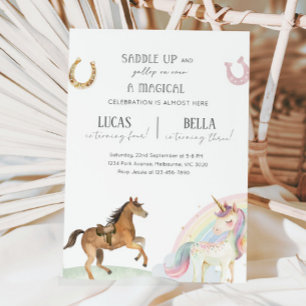 Invitation Fête d'anniversaire conjointe Cheval & Licorne