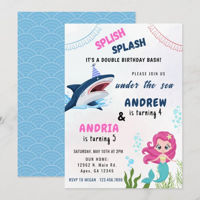 Invitation Fête D'Anniversaire Conjointe De Sirène Et De Requ (Devant / Derrière)