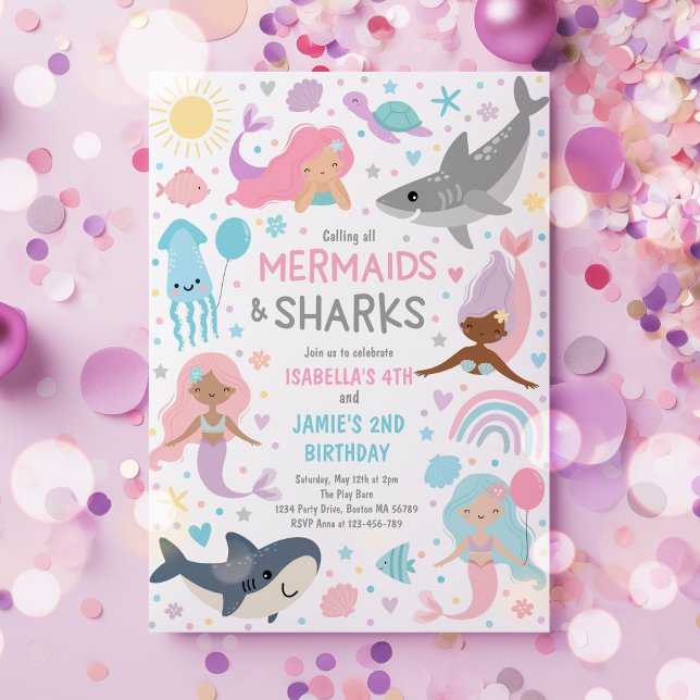 Invitation Fête D'Anniversaire Conjointe De Sirène Et De Requ (Créateur téléchargé)