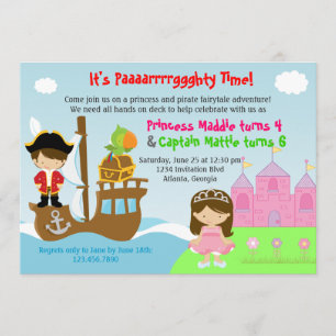 Invitation Fête d'anniversaire conjointe Princess and Pirate 