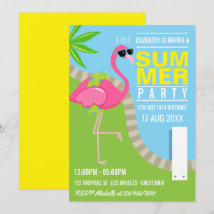 Invitation Fête d'anniversaire Cool Pink Flamingo au bord de