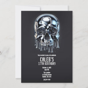 Invitation Fête d'anniversaire crâne goutte argent chrome liq