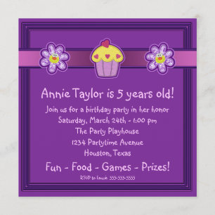 Invitation Fête d'anniversaire Cupcake Violet pour Filles