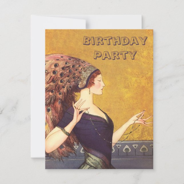 Invitation Fête d'anniversaire d'aileron de paon d'art déco (Devant)