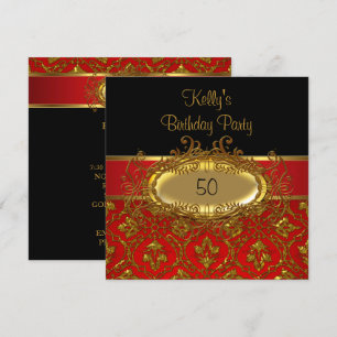 Invitation Fête d'anniversaire Damask Black Red Gold