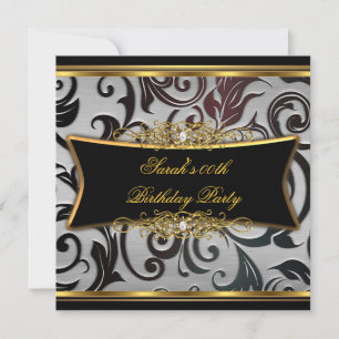 Invitation Fête d'anniversaire Damask Floral Black Gold Blanc