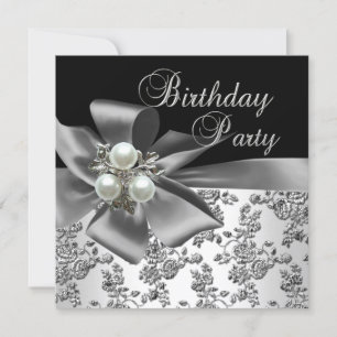 Invitation Fête d'anniversaire Damask Pearl Argent Blanc Noir