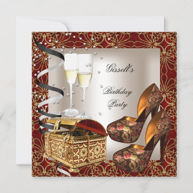 Invitation Fête d'anniversaire Damask Red Gold Chaussures Crè (Devant)