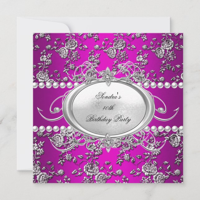 Invitation Fête d'anniversaire Damask rose violet blanc perle (Devant)