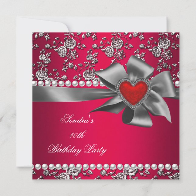 Invitation Fête d'anniversaire Damask Rouge argent blanc perl (Devant)