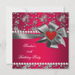 Invitation Fête d'anniversaire Damassé Rouge Argent Blanc Per