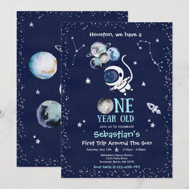Invitation Fête d'anniversaire dans l'espace Astronaute Fusée (Devant / Derrière)
