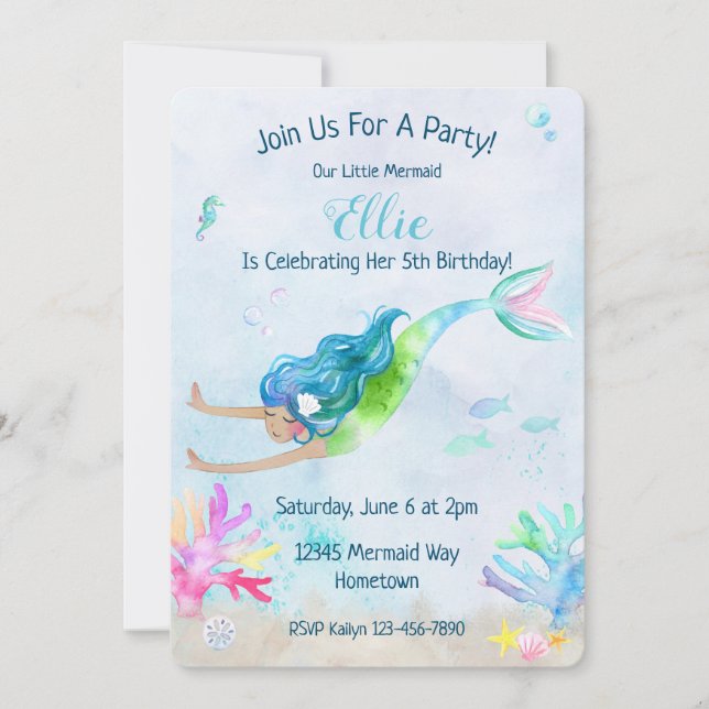 Invitation Fête d'anniversaire d'aquarelle de sirène (Devant)