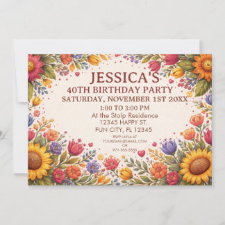Invitation Fête d'anniversaire d'art populaire floral