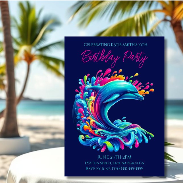 Invitation Fête d'anniversaire - Dauphin coloré éclaboussure (Dolphin-Colorful Dolphin-Birthday Invitations-Summer Birthday Invitations-Dark Blue)