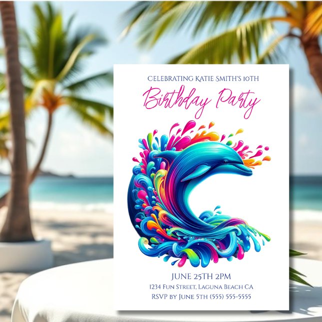 Invitation Fête d'anniversaire - Dauphin coloré éclaboussure (Dolphin-Colorful Dolphin-Birthday Invitations-Summer Party Invitations)