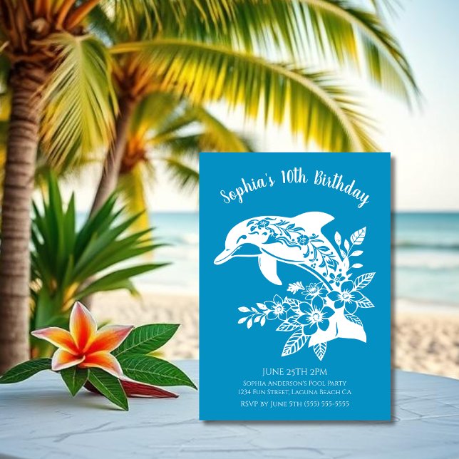 Invitation Fête d'anniversaire - Dauphin hawaïen Fleurs tropi (Hawaiian Dolphin, Flippin Fabulous, Islander Summer, Beach, Fisherman Trend, wine tumbler,)