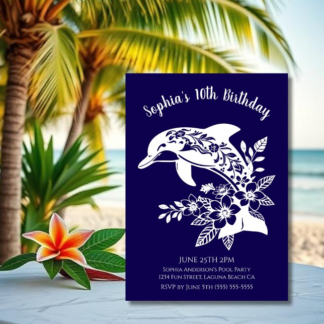 Invitation Fête d'anniversaire - Dauphin tropical fleurs hawa (Hawaiian Dolphin, Flippin Fabulous, Islander Summer, Beach, Fisherman Trend, wine tumbler,)
