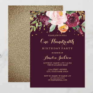 Invitation Fête d'anniversaire de 100 ans Burgundy Gold Flora