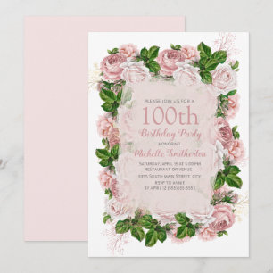 Invitation Fête d'anniversaire de 100 ans Élégante Rose Vinta