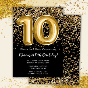 Invitation Fête d'anniversaire de 10 ans Black Gold Kids Girl