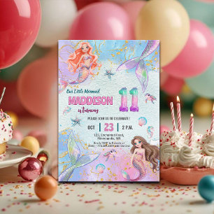Invitation Fête d'anniversaire de 11 ans Sirènes Paillettes R