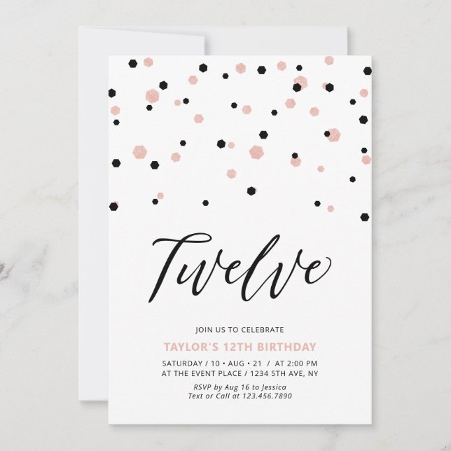 Invitation Fête d'anniversaire de 12 ans Black & Rose Gold Gi (Devant)