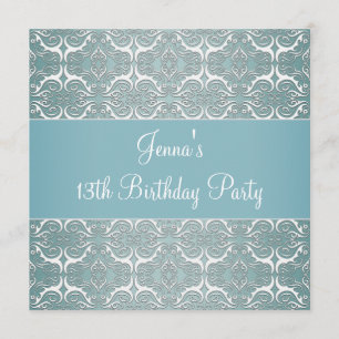 Invitation Fête d'anniversaire de 13 ans Pretty Teal Blue Dam