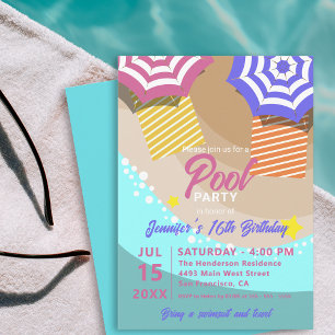Invitation Fête d'anniversaire de 16 ans au bord de la piscin