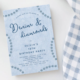 Invitation Fête d'anniversaire de 16 ans Blue Jeans Denim et 