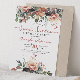 Invitation Fête d'anniversaire de 16 ans Girly Boho Floral d'