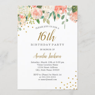 Invitation Fête d'anniversaire de 16 ans Peach Gold Watercolo