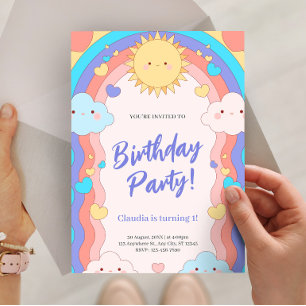 Invitation Fête d'anniversaire de 1 an avec arc-en-ciel et nu