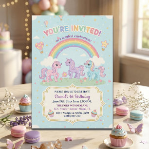 Invitation Fête d'anniversaire de 1 an avec poneys et arc-en-