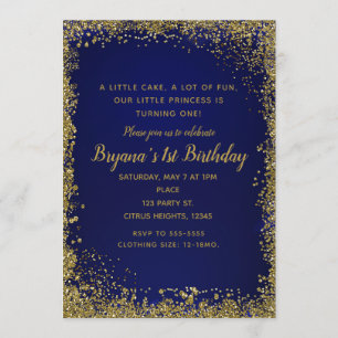 Invitation Fête d'anniversaire de 1 an bleu royal et or paill