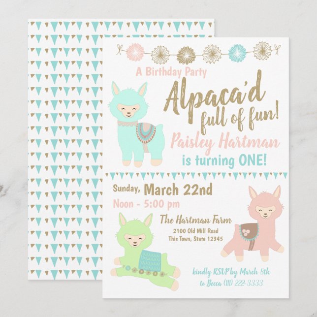 Invitation Fête d'anniversaire de 1 an d'Alpaca (Devant / Derrière)