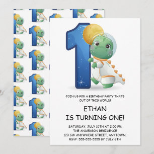 Invitation Fête d'anniversaire de 1 an d'astronaute dinosaure