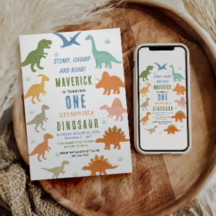 Invitation Fête d'anniversaire de 1 an de dinosaure Préhist