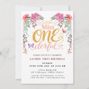 Invitation Fête d'anniversaire de 1 an fille papillon floral