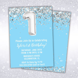 Invitation Fête d'anniversaire de 1 an Light Blue Silver