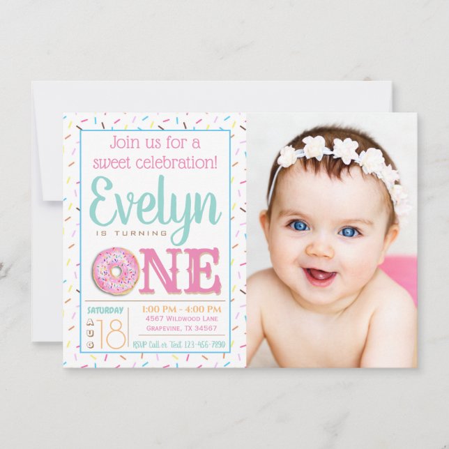 Invitation Fête d'anniversaire de 1 an photo Donut Fille (Devant)